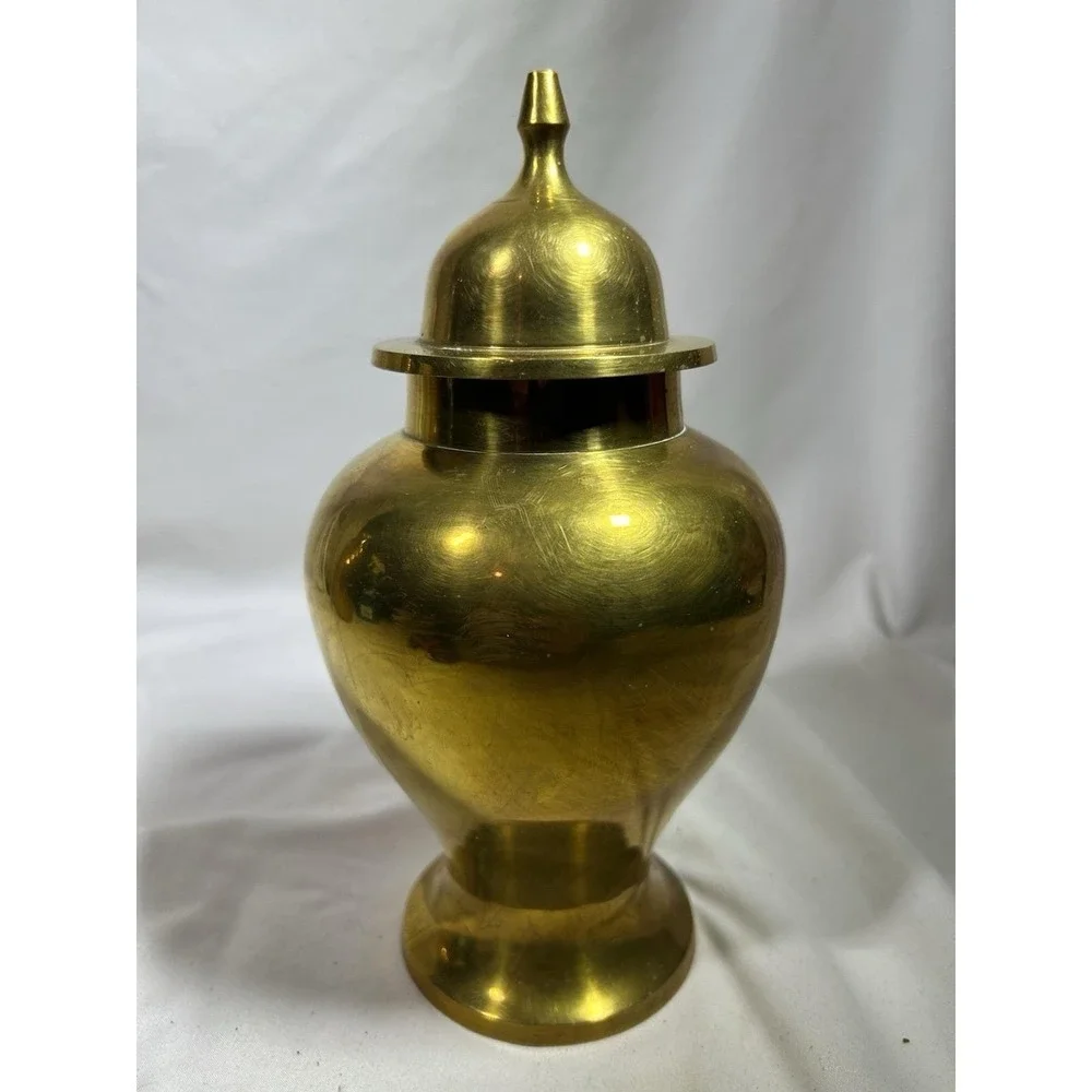 Vintage Solid Brass Lidded Ginger Jar MCM Mid Century Hollywood Regency Vessel
